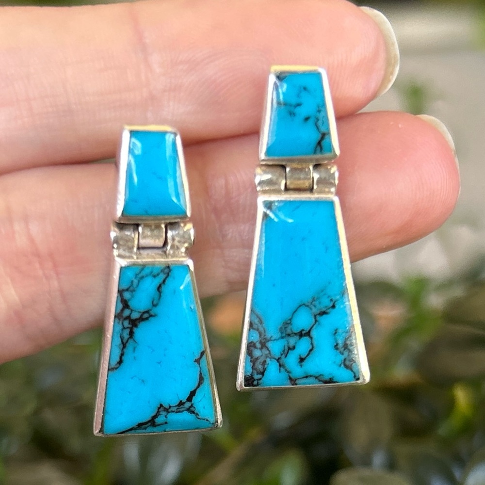 Vintage TAXCO 950 Silver and Turquoise Post Back Dangle Earrings